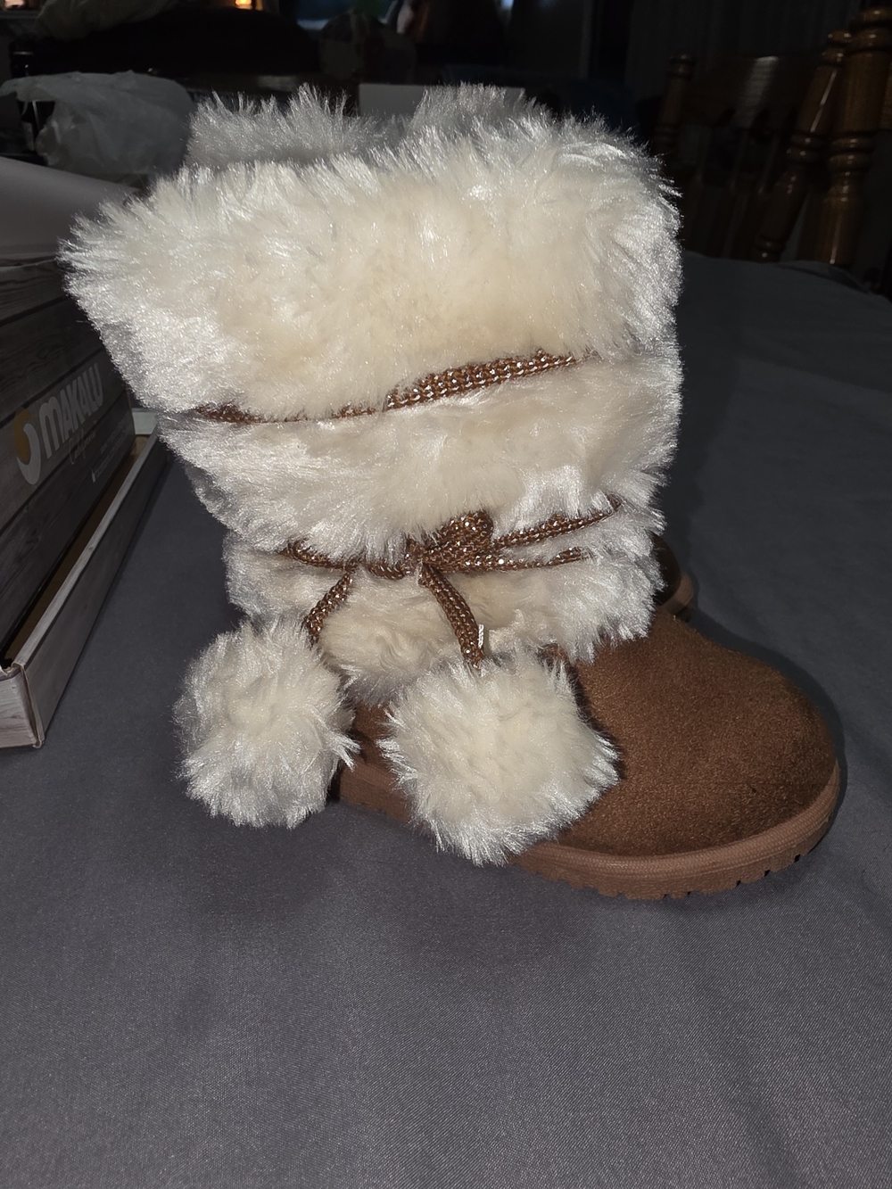 Girls Brown Faux Fur Pom Pom Winter Boots with Cream Trim